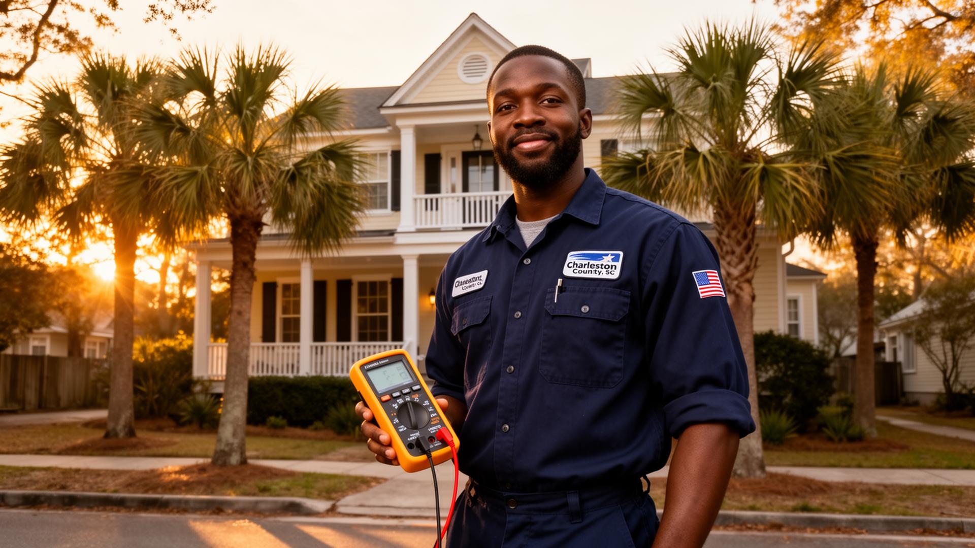 Licensed electrician in Charleston County SC standing in front of a Lowcountry home with a multimeter