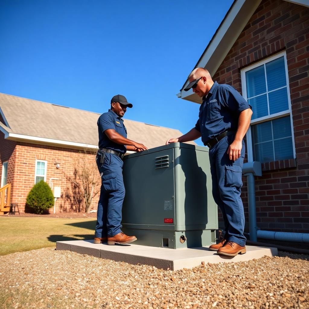 Two EmergenServe electricians setting a Generac whole home standby generator on a concrete pad beside a Lowcountry brick home