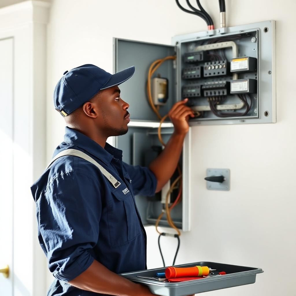 Licensed EmergenServe electrician installing a 200 amp electrical panel upgrade in a Charleston SC home with copper feeders and labeled breakers