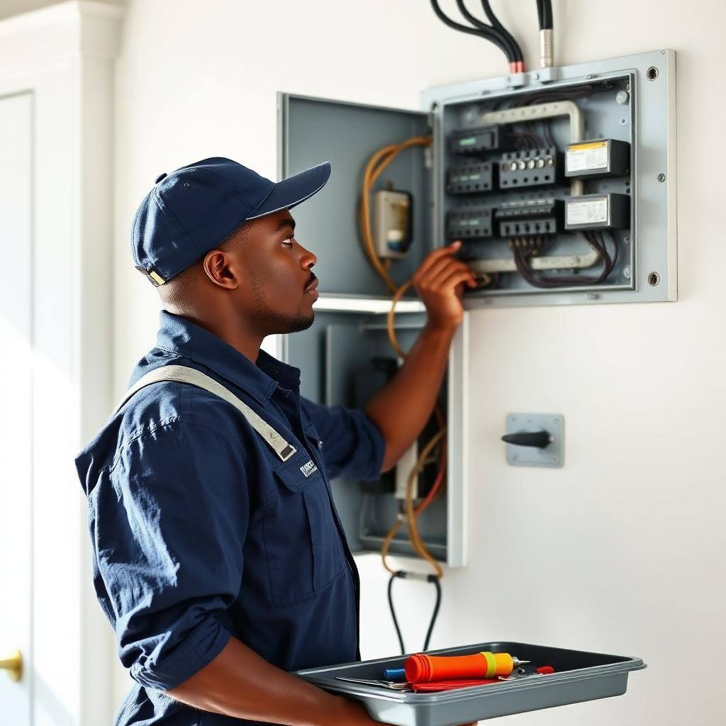 Licensed EmergenServe electrician installing a 200 amp electrical panel upgrade in a Charleston SC home with copper feeders and labeled breakers