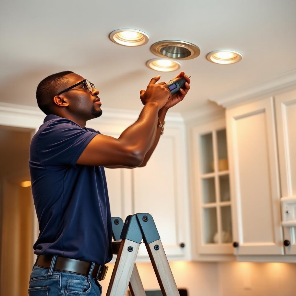 EmergenServe electrician installing dimmable LED recessed can lights in a bright Charleston kitchen ceiling with clean drywall cutouts